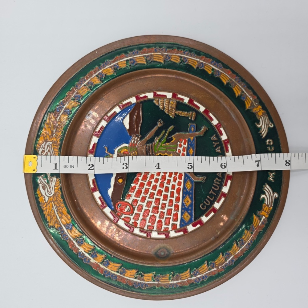 Vintage Mexico Copper/Brass Enamel Aztec Cultura Maya Plate 8" Patina - Picture 6 of 7